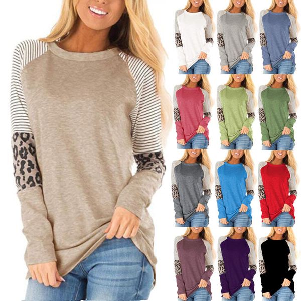 

s-5xl plis size 2020 casual women t-shirt long sleeve splice leopard printed package hip shirt plus size women clothing cotton, White