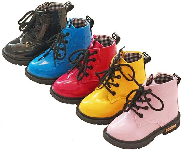 

kids waterproof martin boots boys girls lace up snow rain boots patent students ankle boots warm candy color size 21-36, Black