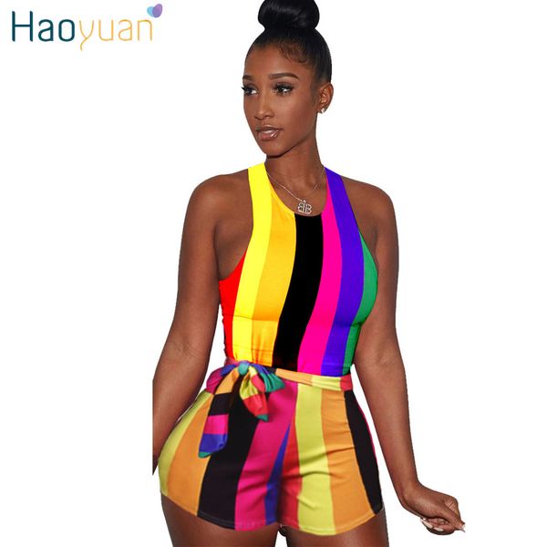 

HAOYUAN Sexy Striped Playsuit With Sashes 2018 Summer Overalls Club Bodycon Bodysuit One Piece Shorts Rompers Womens Jumpsuit