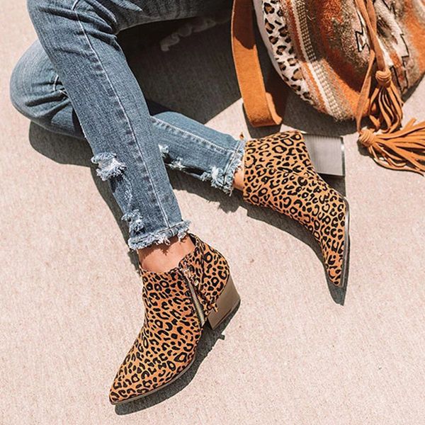 

women's ankle boots leopard female zip pointed toe woman square heel plus size ladies suede female shoes#g25, Black