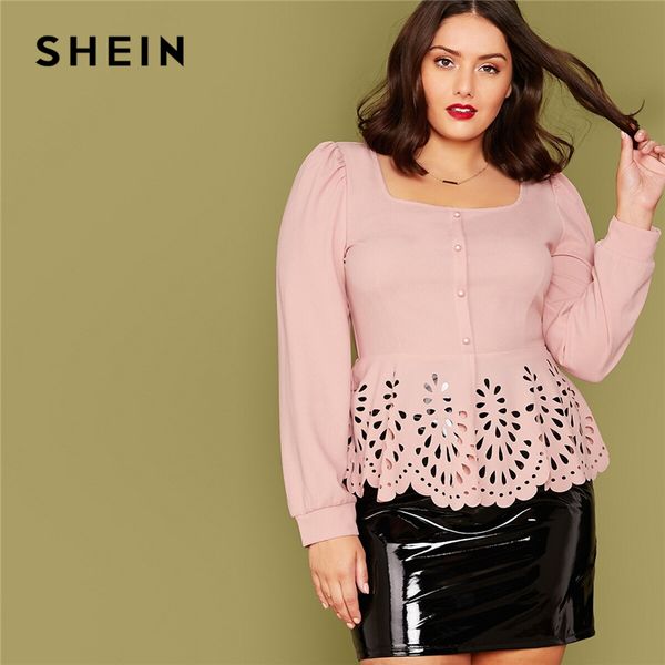 

shein plus size pink button front laser cut ruffle hem blouse women autumn peplum elegant office lady womens and blouses, White