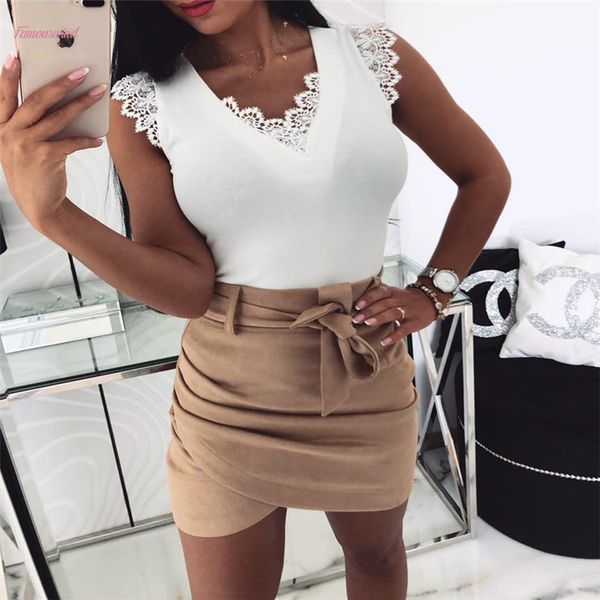 

cap sleeve summer blouses deep v neck lace shirts bandage sleeveless patchwork women blouse women shirts casual solid shirts, White