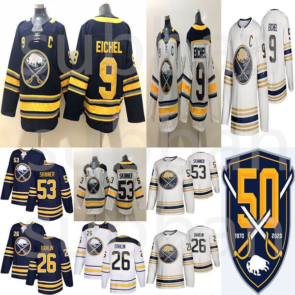 

buffalo sabres jersey 50th golden buffalo sabres jersey 9 jack eichel 26 rasmus dahlin 53 jeff skinner 55 rasmus ristolainen hockey jerseys, Black;red