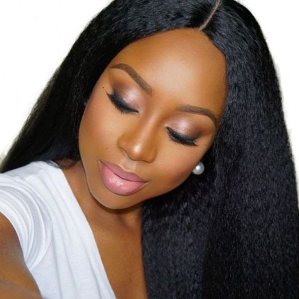 

yaki straight human hair wigs for black women kinky straight wigs lace front wig brazilian pre plucked bleached knots, Black;brown