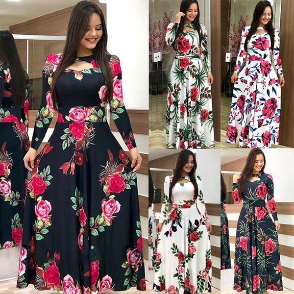 

elegant spring autumn women dress 2020 casual bohmia flower print maxi dresses fashion hollow out tunic vestidos dress plus size, Black;gray