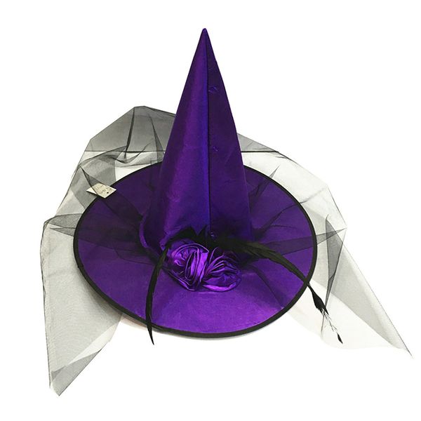 

halloween party cos props portable ball striking mesh witch hat with feather rose cos props witch hat