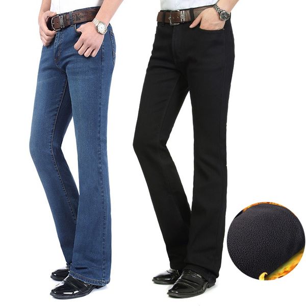

2018 men's winter plus velvet thickening boot cut jeans male mid waist business casual flares pants trousers 26-38, Blue