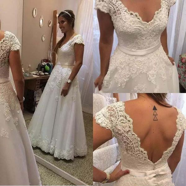 

charming a line wedding dresses with appliques beaded v neck bow sash floor length wedding bridal gowns custom made, White