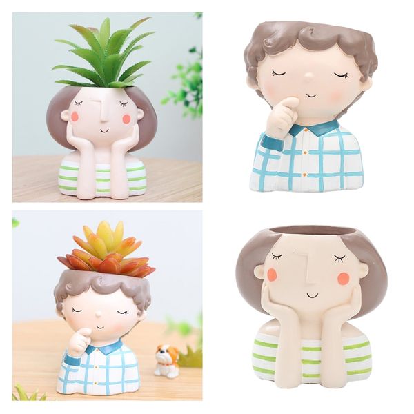 

2pcs resin flowerpot girls&boys succulent planter bonsai pot ornament set c