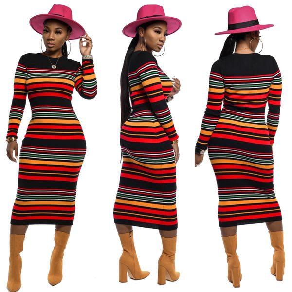 

women casual fashion color striped print pit cloth crew neck long sleeve tight body hip dress, White;black
