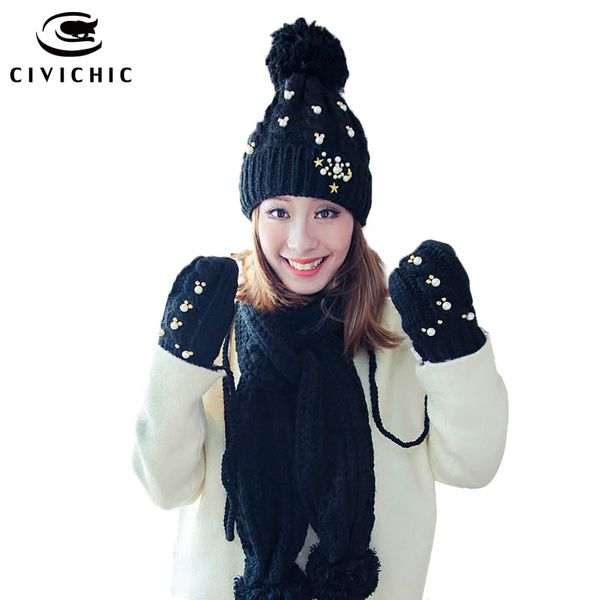 

civichic grade warm set woman knit hat scarf gloves beads pompon shawl winter headwear velvet beanies thicken mittens sh175, Blue;gray