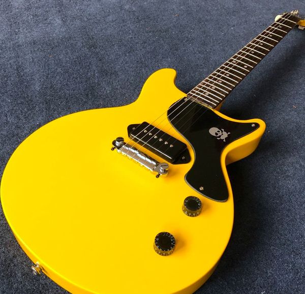 

custom billie joe armstrong signature junior double cutaway tv yellow junior electric guitar skull black pickguard, black p90 pickup