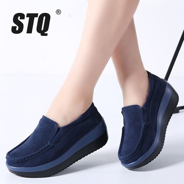 

stq 2019 autumn women flat platform shoes ladies suede leather flat shoes women slip-on casual shoes moccasins creepers 828 cj191219, Black