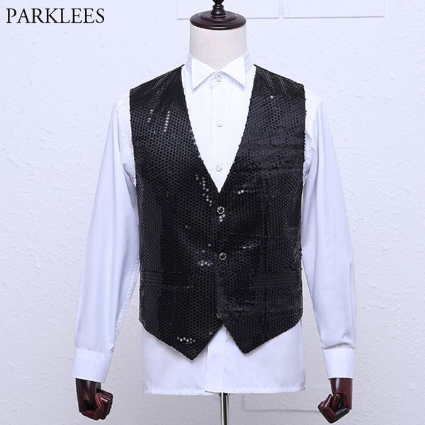 

black shiny sequins suit vest men single breasted v neck mens stage dress vests wedding grooms singer dj costumes chaleco hombre, Black;white