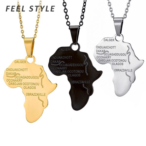 

mysterious africa map shape necklaces 316l stainless steel map with words pendant kolye for men accessories, Silver