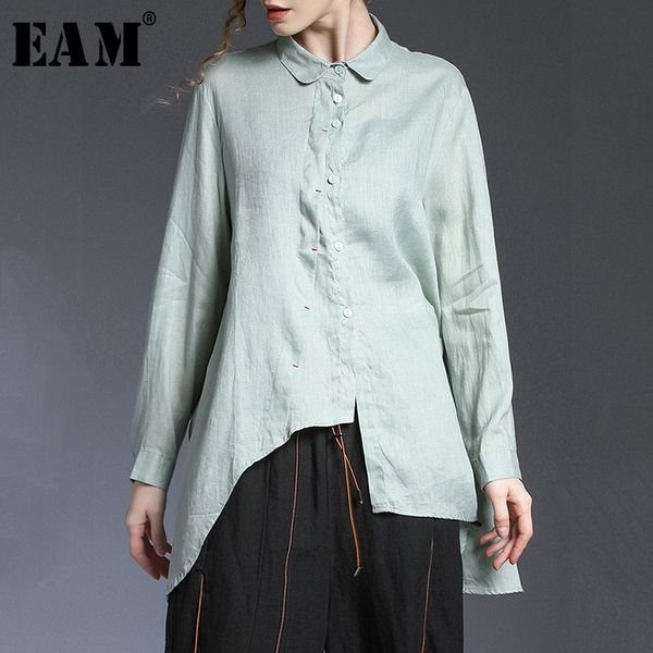 

eam] women asymmetrical linen big size blouse new lapel long sleeve loose fit shirt fashion tide spring autumn 2020 1t421, White