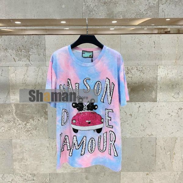 

european designer women summer short sleeve pure soft cotton tie-dry 3d letter heavily sequins design t-shirt t shirt, White