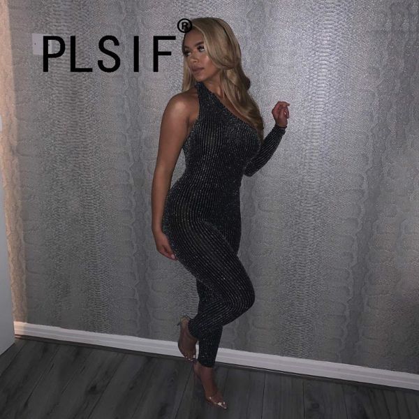 

women's jumpsuits & rompers asymmetrical design lady fashion shiny club catsuits one piece set skew collar, Black;white