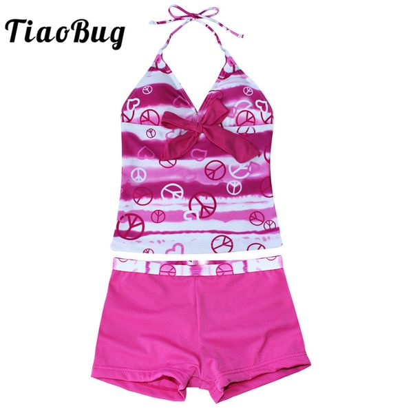 

tiaobug kids teens pink/blue heart print swimsuit children girls halter shorts tankini bikini set bathing suit beachwear