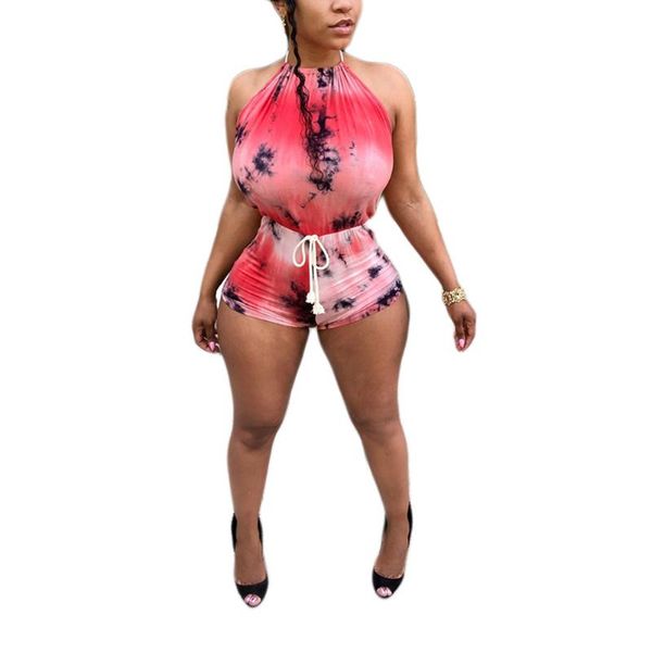 

women printed playsuits elegant halter rompers tie dye sleeveless open back tie waist casual short jumpsuit one piece playsuit, Black;white