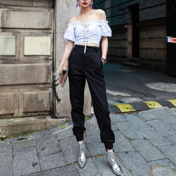 

высокая талия гетры женские брюки высокой талией camo черные брюки joggers женщины полиэстер capris штанах брюки корейский моды, Black;white