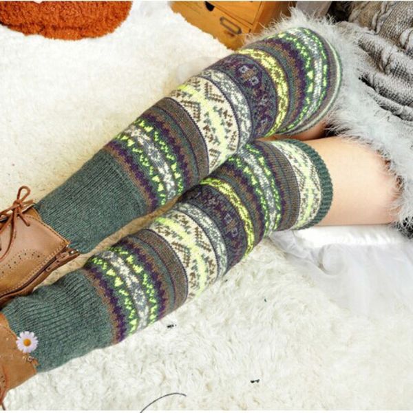 

women winter elegant over knee long knit cover patchwork colorful ladies crochet vintage legging chic, Black;white