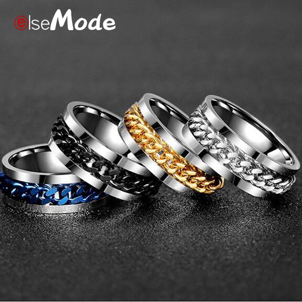 

elsemode punk rock men spinner ring titanium stainless steel gold black chain rotable rings for women accessories size 6-12, Silver