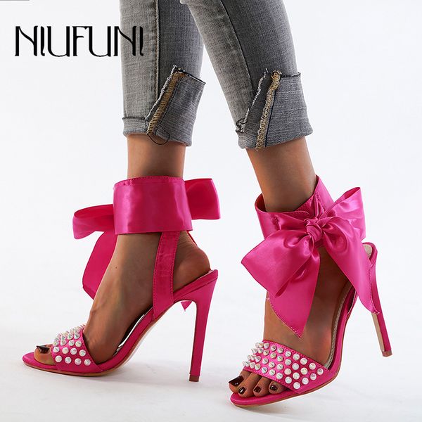 

plus size 42 solid color bow rivet women's sandals stiletto high heels casual round toe women's shoes niufuni sandalias de mujer, Black