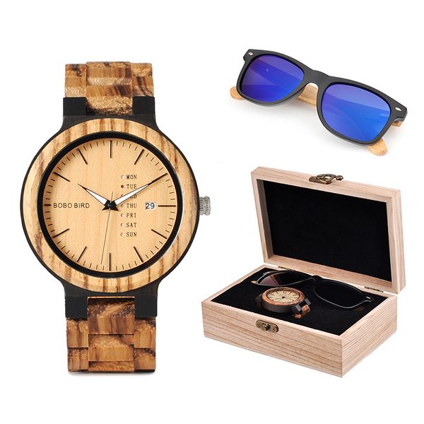 BOBO BIRD Classic Men Custom Wood Watch and Wooden Sunglasses Suit Present Box Подарочный набор на День отца LY191213
