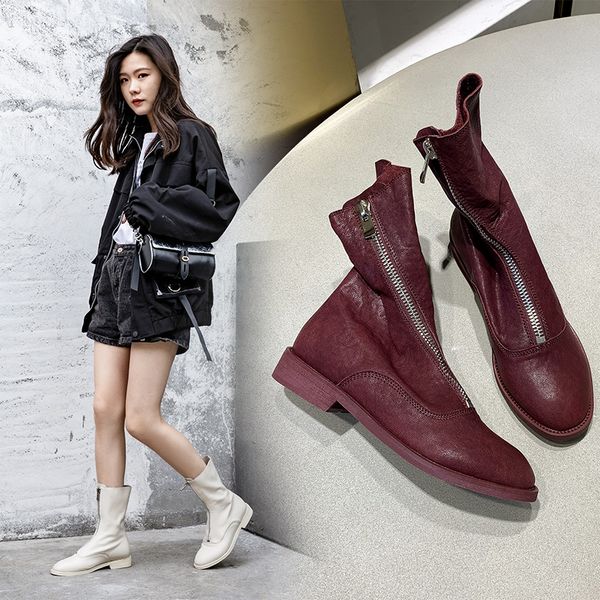 

ins women ankle bootssolid color sheepskin super soft booties 22-24.5 cm length wild shoes woman increased western boots, Black