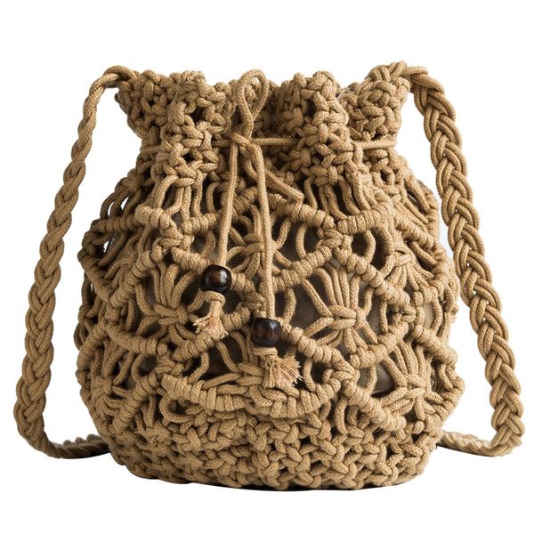

fggs-woven women's bag rope hollow bucket bag casual wild straw drawstring shoulder
