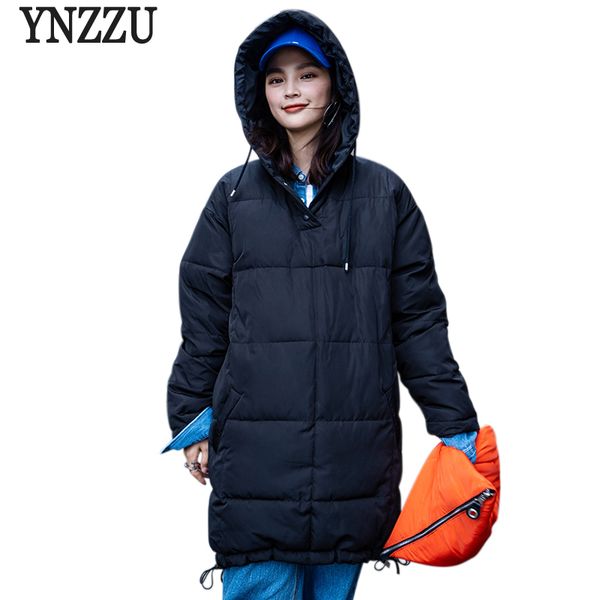 

ynzzu 2018 autumn winter cotton padded coat women solid black hooded thicken warm parkas women loose casual outerwear yo713