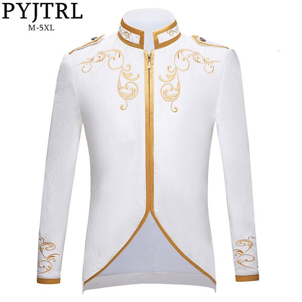 

pyjtrl new british style royalty prince pure white velvet gold embroidery blazer wedding groom slim fit suit jacket singers coat, White;black