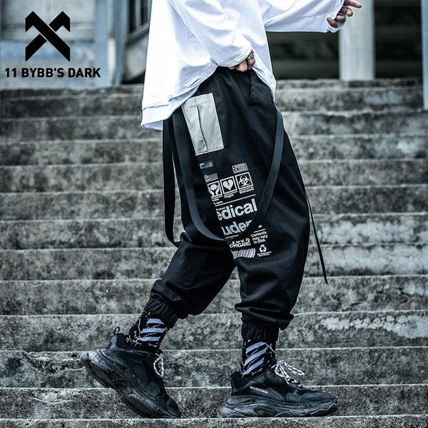 11 bybb's dark tatical ribbon cargo pants 2020 streetwear harajuku loose joggers men trousers hip hop oversize techwear overalls, Black