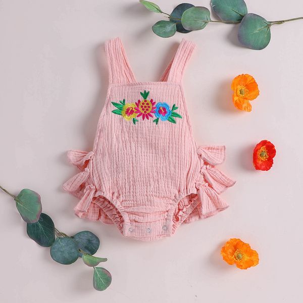

infant baby girl ruffle floral embroidery romper bodysuit clothes outfits sleeveless lace jumpsuit romper baby girls clothes, Blue