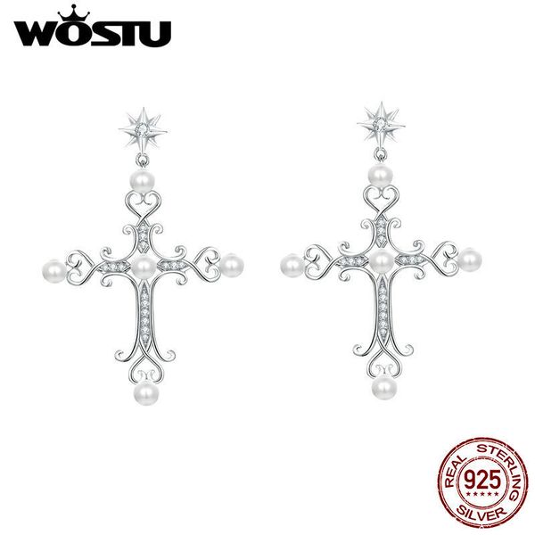 

wostu 100% стерлингового серебра 925 религиозный крест падение серьги циркон жемчуг модные серьги для женщин серебро 925 ювелирные изделия c, Silver