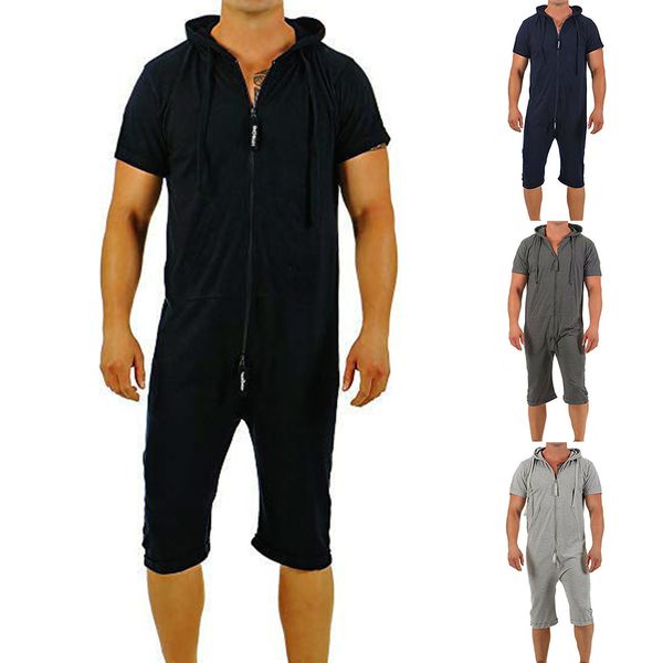

men tracksuit sets one piece summer overalls solid color short sleeve hooded jumpsuit playsuit men gymwear joggers sportwear, Black