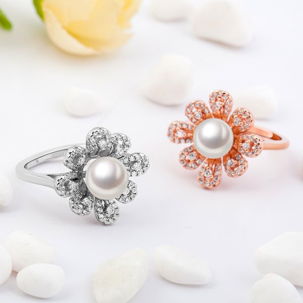 

fashion simple micro zircon adjustable ring cool flower gold plating pearl ring rings wholesale, Silver