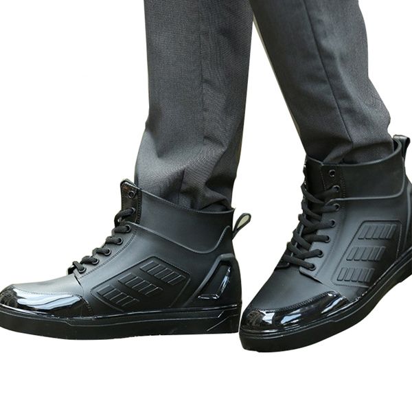 

rain boots for men boy rubber ankle boots rain shoes men rain boots lace-up men flat with ankle water botas shoes, Black