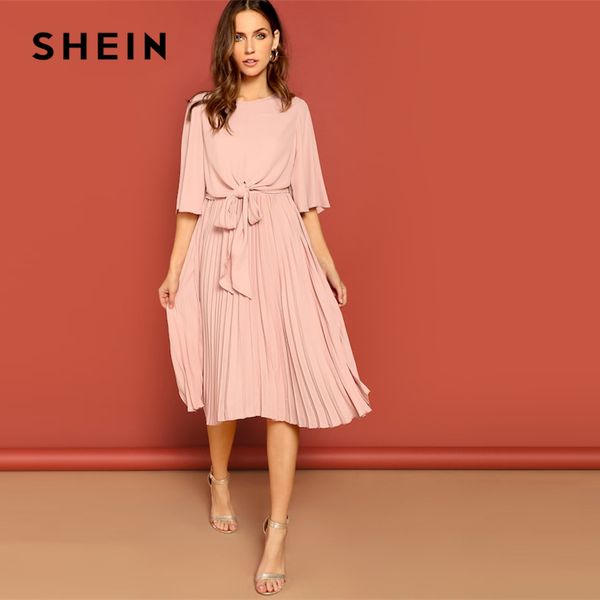 

shein pink knot front zip bell sleeve round neck solid plain dress spring women three quarter length sleeve solid dresses, Black;gray