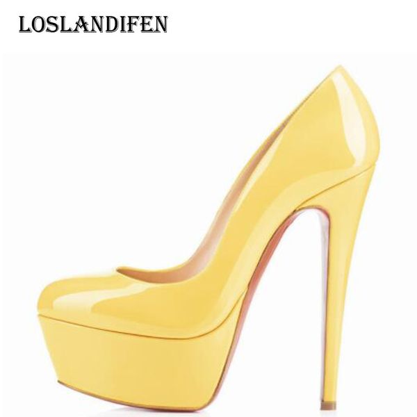 

loslandifen women pu leather party high heel shoes plus size 35-42 ladies candy color office patent leather platform pumps, Black