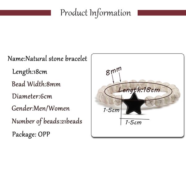 

new fashion colorful star natural stone men bracelets elastic distance bangles couple charm 8mm bangle bohemian beach jewelry, Black