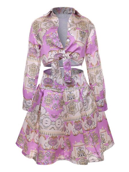 

summer pleated skirt two piece dress women print long sleeve 2pcs sets ladies skirts with button, White