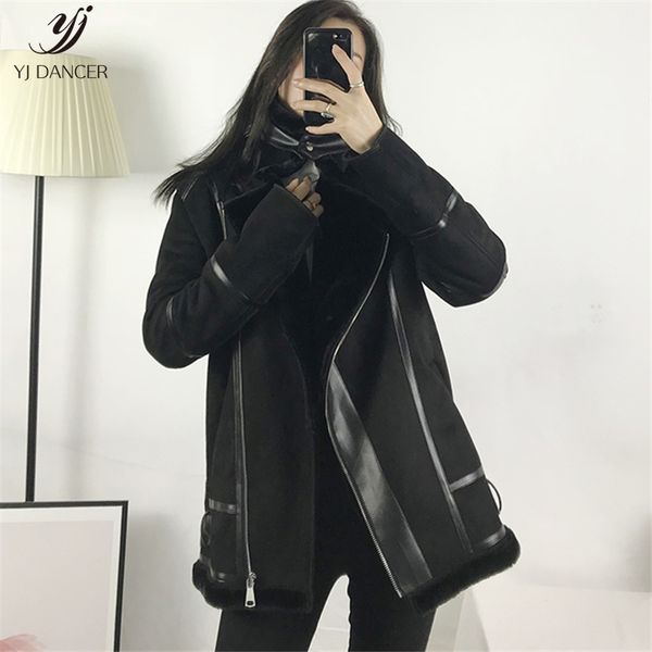 

new fur one winter short lamb lamb coat female 2019 loose suede motorcycle clothing thickening plus velvet jacket h00399, Black