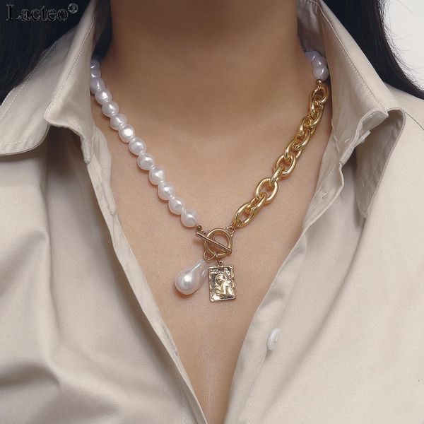

lacteo bohemian imitation pearl pendant necklace jewelry for women 2019 fashion golden carved coin angle face choker necklace, Silver