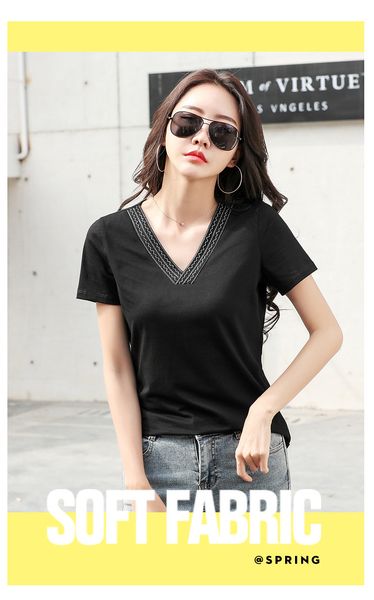 

2020 women's spring-summer new v-neck black cotton t-shirt women's short sleeve solid color white wild slim vest