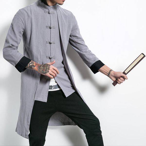 

plus size male linen wind coat mandarin collar casual solid color button tang chinese national clothing stylish outwear sy0034, Tan;black