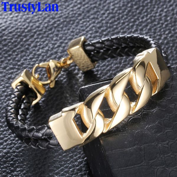 

trustylan black genuine leather bracelet men gold color stainless steel men's wrap bracelets & bangles 2018 jewelry brazaletes, Golden;silver