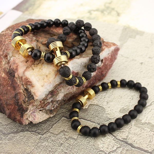 

nature stone yoga energy beaded charm bracelet gold dumbbell fashion jewelry accessories for women men pulseira masculina hot, Golden;silver