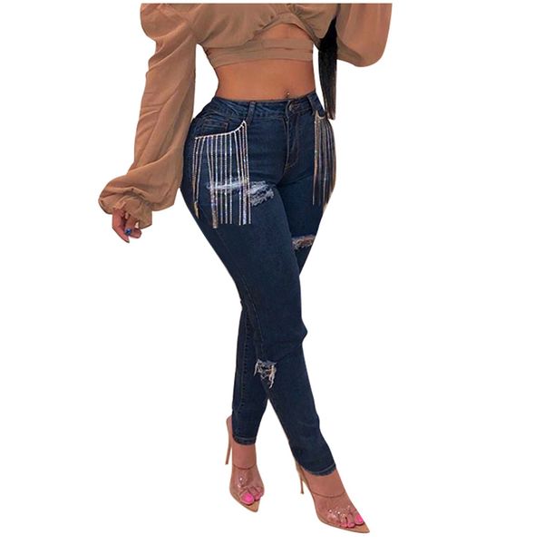 

jeans women's fashion jeans womens tassel hole button zipper pocket casual denim tight pencil pants #yb40, Blue